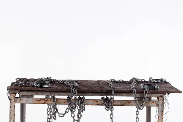 Workshop Table Isolated White Background Workbench Table Decorated Iron Chains — Stock Photo, Image