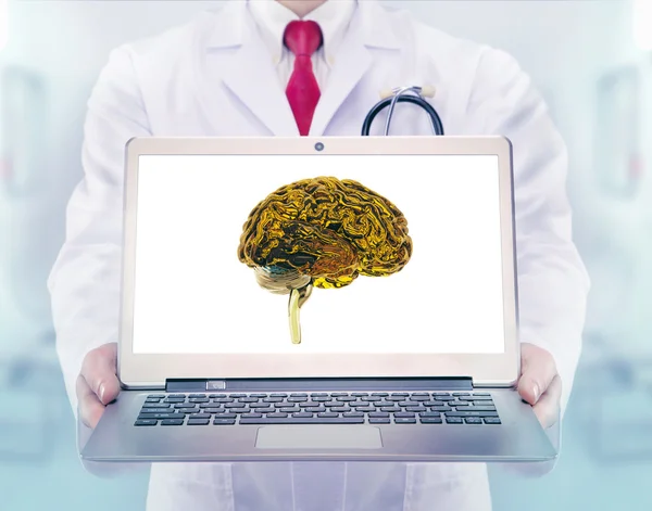 Doutor com cérebros nas mãos em um hospital — Fotografia de Stock