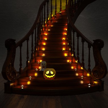 Halloween Jack-O-Lantern kabak merdivenlerde.