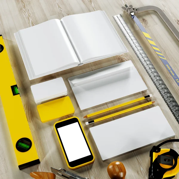 Mockup business template. Carpenter's workspace. — Stock Photo, Image