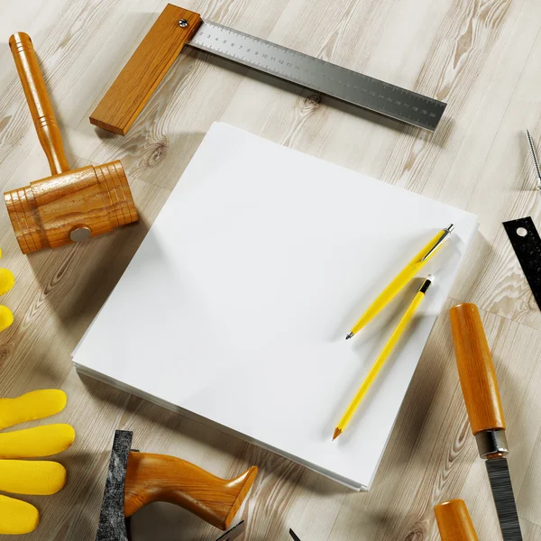 Mockup business template. Carpenter's workspace. — Stock Photo, Image