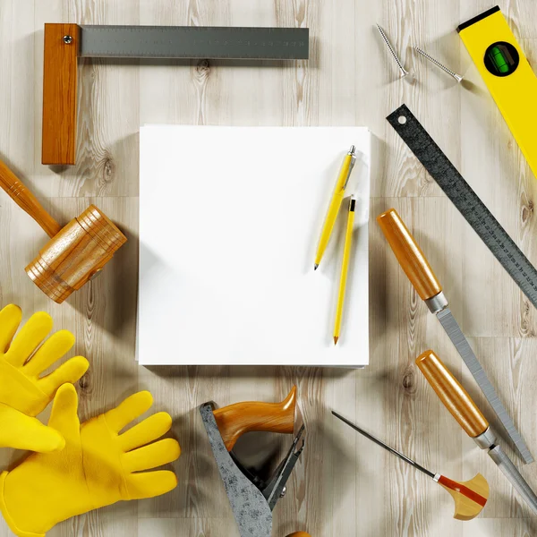 Plantilla de negocio burlona. Espacio de trabajo del carpintero . — Foto de Stock