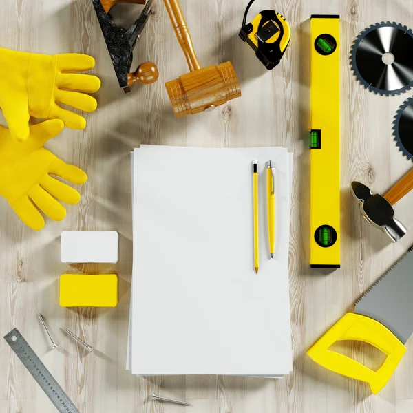 Mockup business template. Carpenter's workspace. — Stock Photo, Image