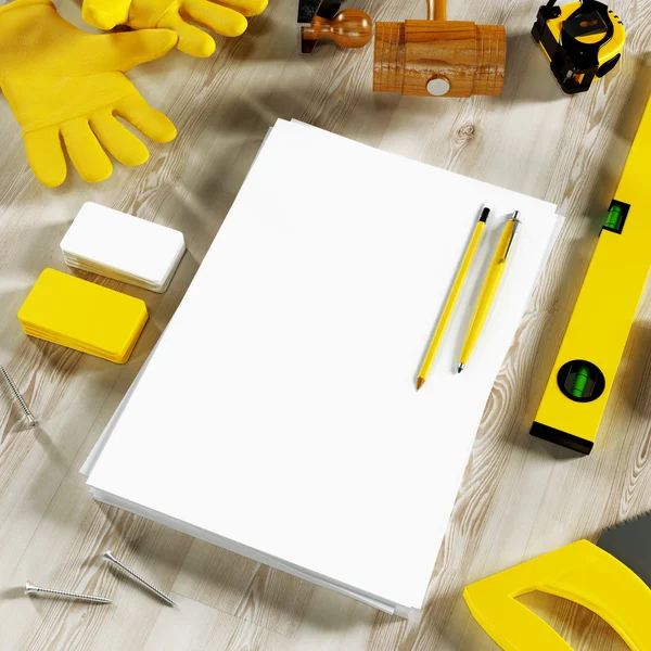 Mockup business template. Carpenter's workspace. — Stock Photo, Image