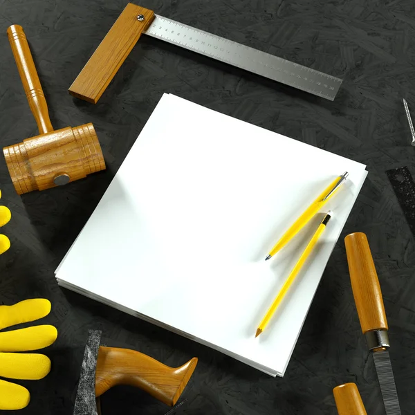 Mock up business template. Carpenter's workspace. — Stock Photo, Image