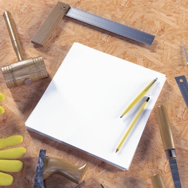 Mockup business template. Carpenter's workspace. — Stock Photo, Image