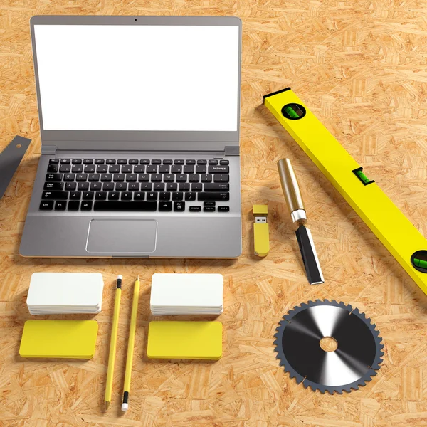 Mockup business template. Carpenter's workspace. — Stock Photo, Image