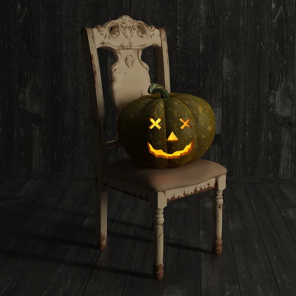 Halloween Jack-O-Lanterna Zucca su una sedia. Alta risoluzione. Rendering 3D — Foto Stock