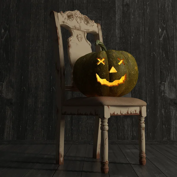 Halloween-Laternenkürbis auf einem Stuhl. hohe Auflösung. 3D-Darstellung — Stockfoto