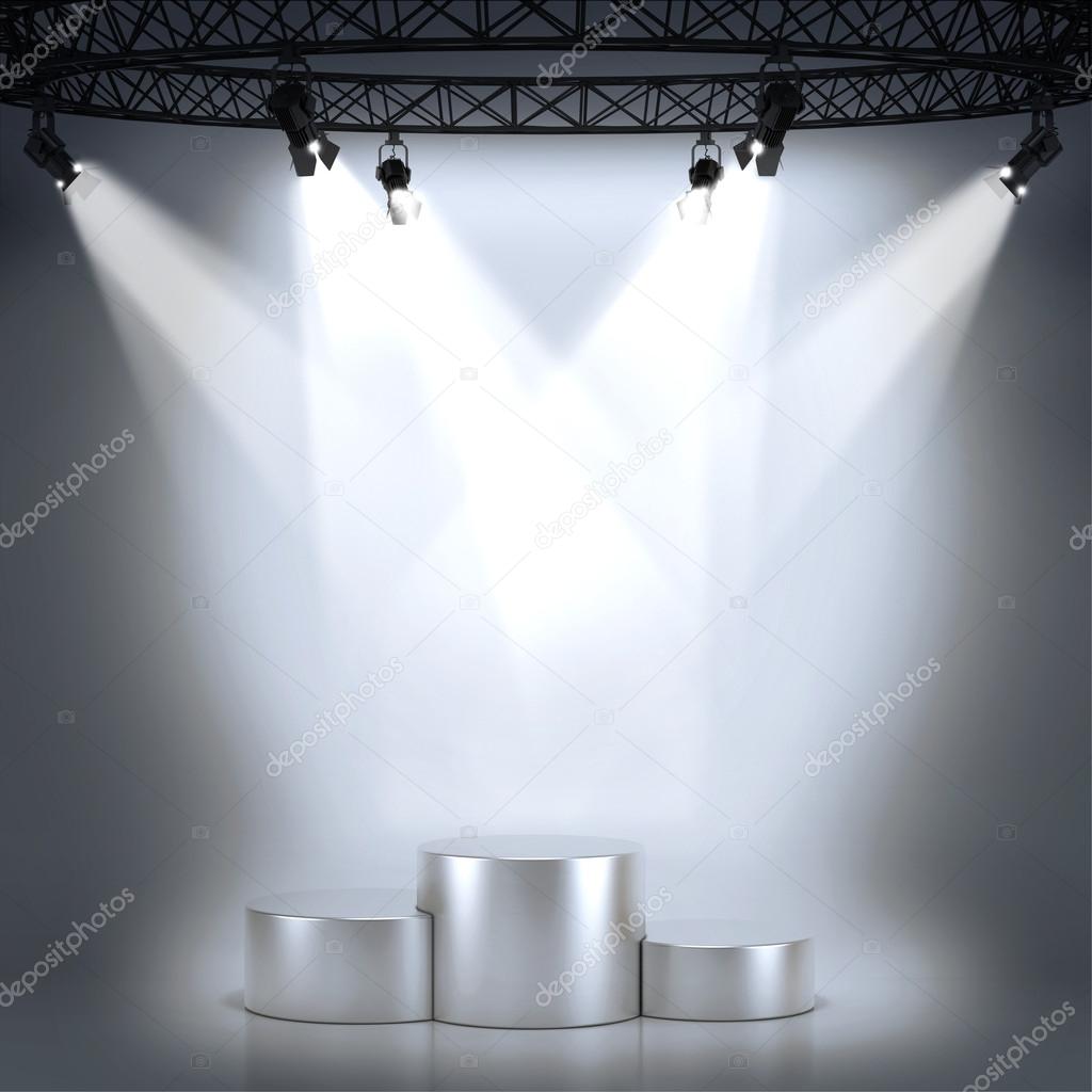 Illuminated empty stage podium for award ceremony