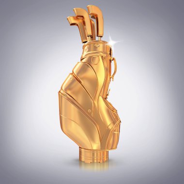 Gri zemin üzerine altın golf ekipmanları.