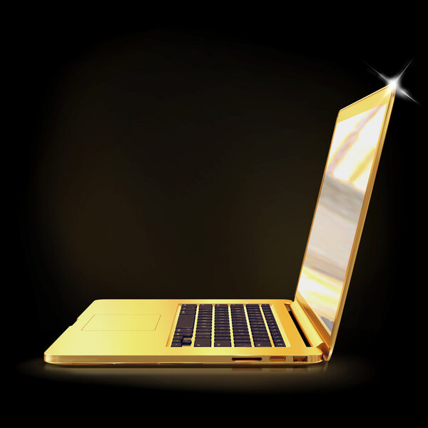 Golden laptop on a black  background 