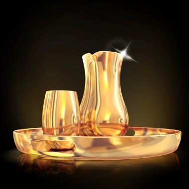 Altın sürahi bir tepsi. Siyah arka plan