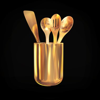 Siyah bir zemin üzerine altın çatal bıçak takımı.