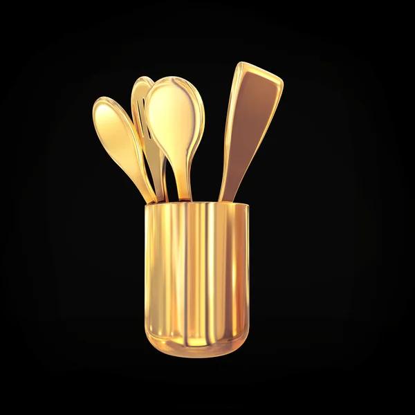 Golden  cutlery on a black background. — Stock Photo, Image