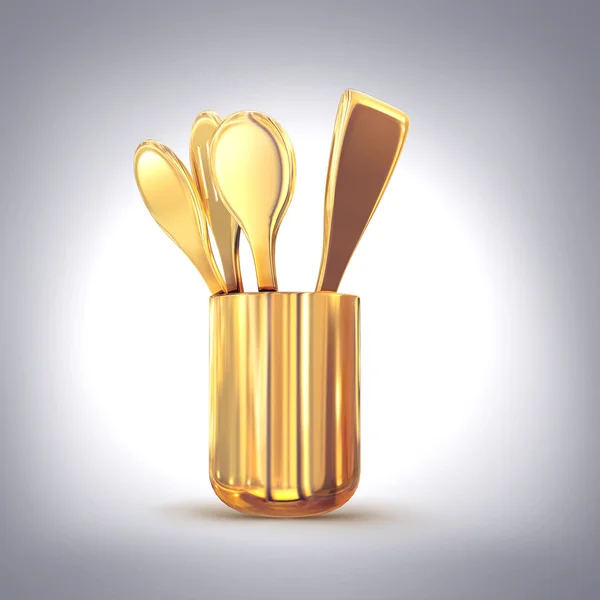 Golden  cutlery on a grey  background. — Stock Photo, Image