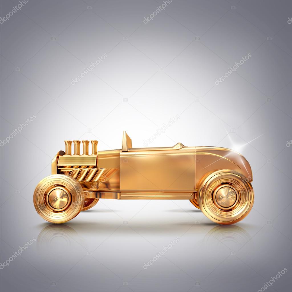 Golden vintage car on gray background