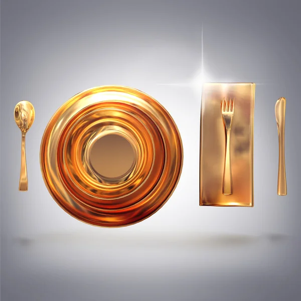 Jogo de ouro de pratos com aparelhos em fundo cinza — Fotografia de Stock