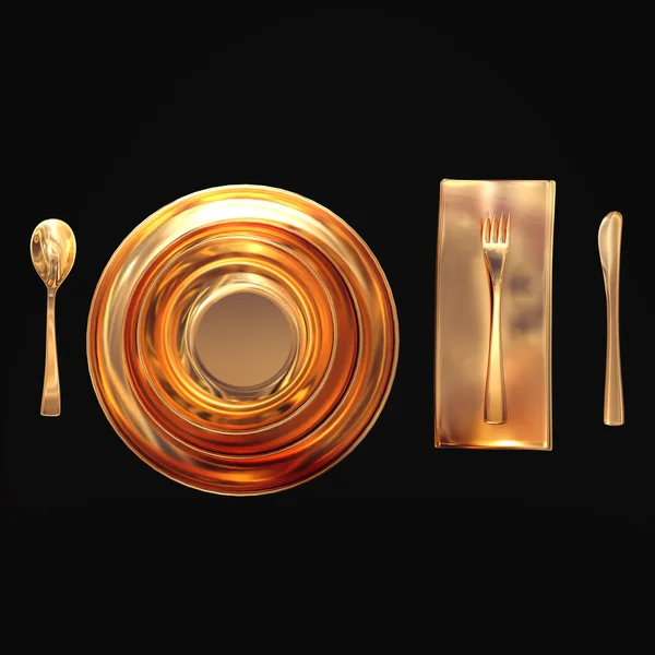 Conjunto dourado de pratos com aparelhos em fundo preto — Fotografia de Stock