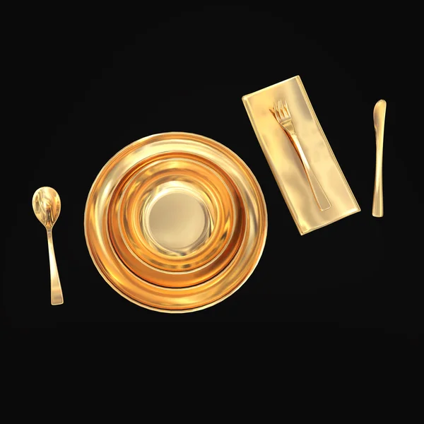 Oro set di piatti con elettrodomestici su sfondo nero — Foto Stock