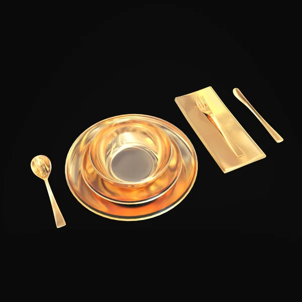 Oro set di piatti con elettrodomestici su sfondo nero — Foto Stock
