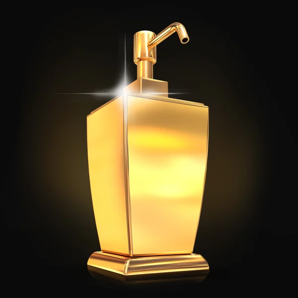 Altın sabun veya siyah arka plan üzerine krem dispenseri — Stok fotoğraf