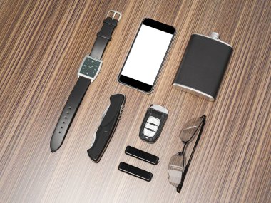 Her gün adam öğeleri koleksiyonu taşımak: gözlük, usb, anahtarları, saatler, cep şişesi.  