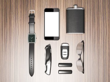 Her gün adam öğeleri koleksiyonu taşımak: gözlük, usb, anahtarları, saatler, cep şişesi.  