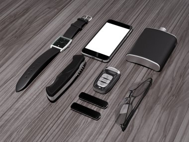 Her gün adam öğeleri koleksiyonu taşımak: gözlük, usb, anahtarları, saatler, cep şişesi.  