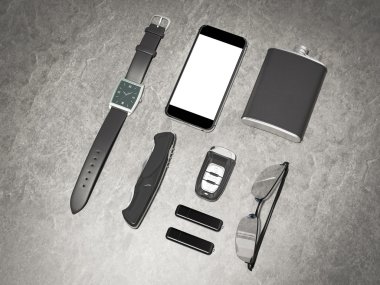 Her gün adam öğeleri koleksiyonu taşımak: gözlük, usb, anahtarları, saatler, cep şişesi.  