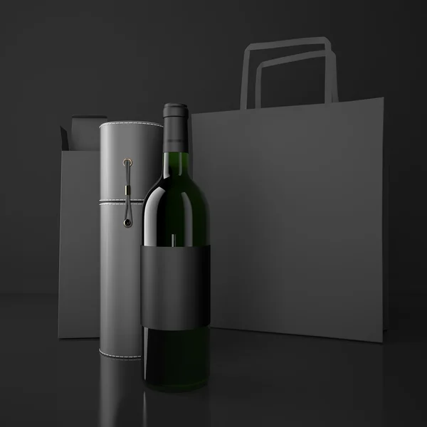 Wine bottle and packing bags. High resolution.