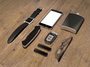 Her gün adam öğeleri koleksiyonu taşımak: gözlük, usb, anahtarları, saatler, cep şişesi.  