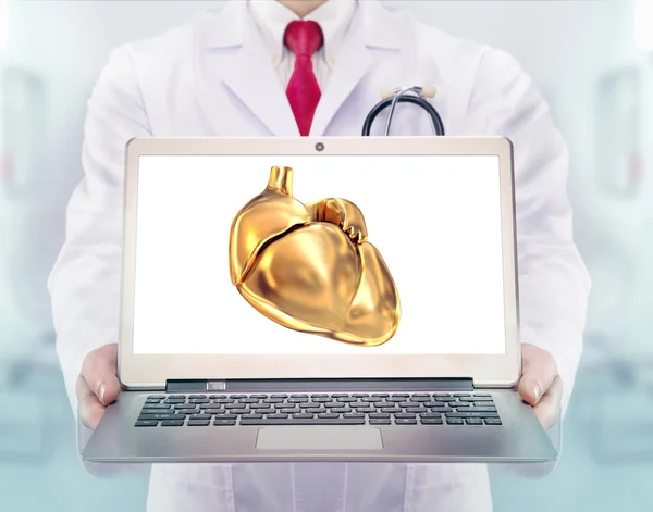 Врач со стетоскопом и золотым сердцем на руках в больнице — стоковое фото