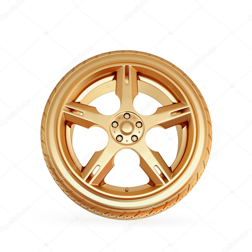 Golden tire on white isolated background.