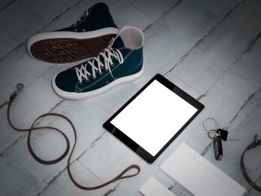 Her gün adam öğeleri koleksiyonu taşımak: gözlük, kira kontratı, spor ayakkabı.