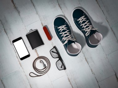 Her gün adam öğeleri koleksiyonu taşımak: gözlük, kira kontratı, spor ayakkabı.