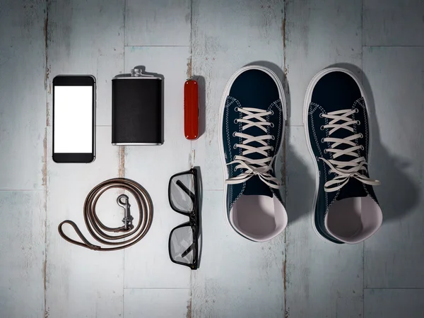 Minden nap hordoz ember elemek gyűjteménye: szemüveg, póráz, cipők. — Stock Fotó