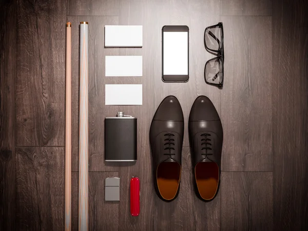 Her gün adam öğeleri koleksiyonu taşımak: gözlük, bıçak, ayakkabı . — Stok fotoğraf