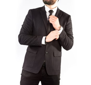 Beyaz arka plan üzerinde izole klasik elbiseli hipster adam