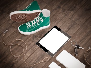 Her gün adam öğeleri koleksiyonu taşımak: gözlük, kira kontratı, spor ayakkabı.