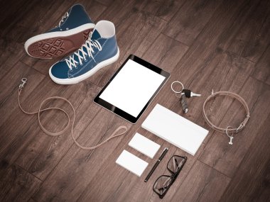 Her gün adam öğeleri koleksiyonu taşımak: gözlük, kira kontratı, spor ayakkabı.