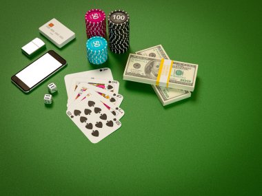 kartları ve yeşil masada Poker fişleri