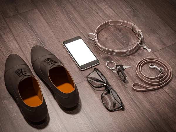 매일 남성 아이템 컬렉션을 휴대 : 안경, 끈, 신발 . — 스톡 사진