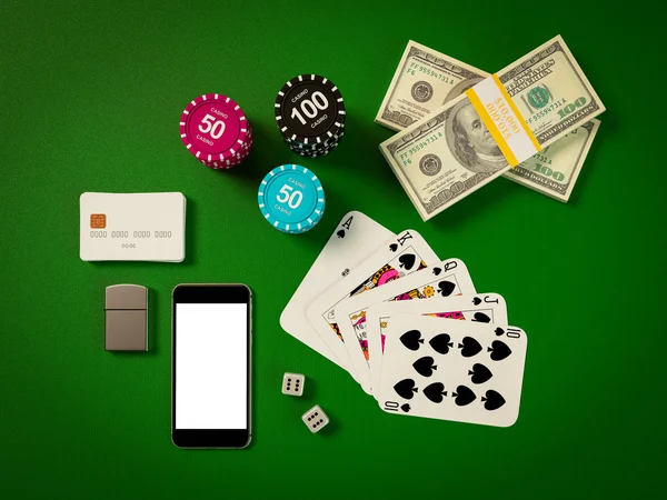 Carte e fiches per il poker sul tavolo verde — Foto Stock