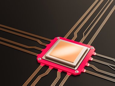  A processor (microchip) interconnected receiving and sending information. Concept of technology and future.