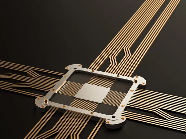 Een processor (microchip) met elkaar verbonden ontvangen en verzenden van informatie. Concept van technologie en toekomst. — Stockfoto