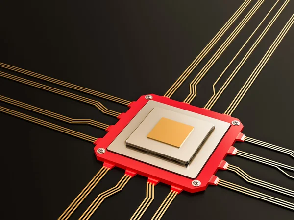 Een processor (microchip) met elkaar verbonden ontvangen en verzenden van informatie. Concept van technologie en toekomst. — Stockfoto