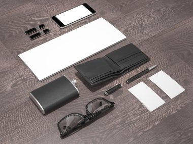 Her gün adam öğeleri koleksiyonu taşımak: gözlük, cüzdan, cep şişesi