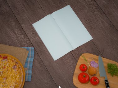 Şablon pizza ahşap bir masa üzerinde yukarı alay.