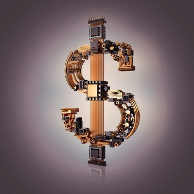 İş kavramı. Doları para birimi simgesi gri arka plan üzerinde mikroçip.